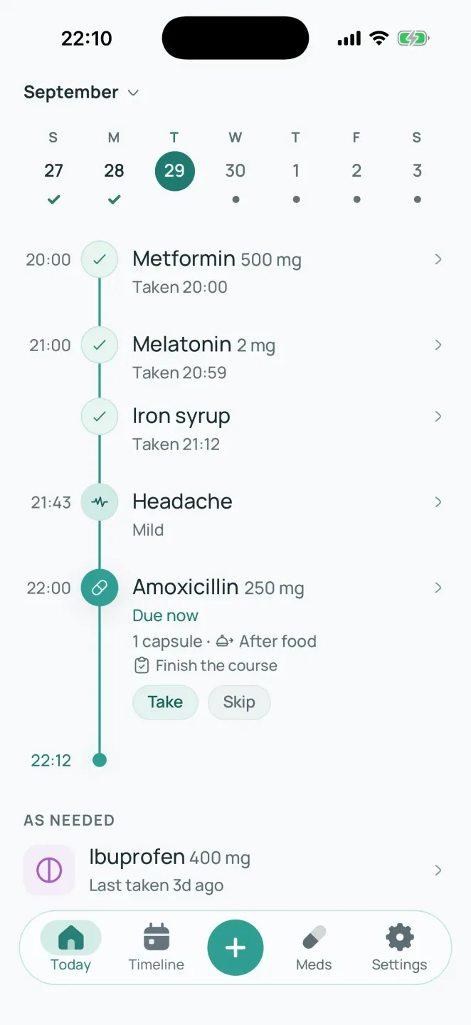 Ammel's Today screen: the evening's doses marked taken, a mild headache noted at 21:43, and an antibiotic capsule due now with Take and Skip.